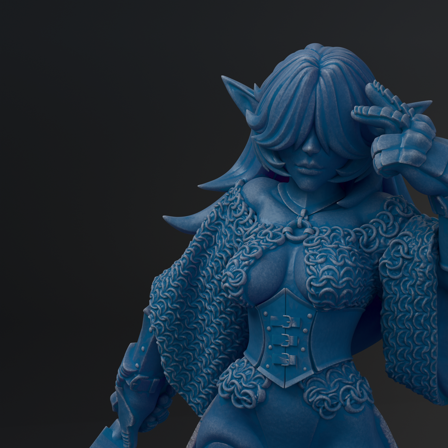 A detailed 3D rendering of a female character with blue hair and a blue-colored outfit, holding a weapon in her hand.