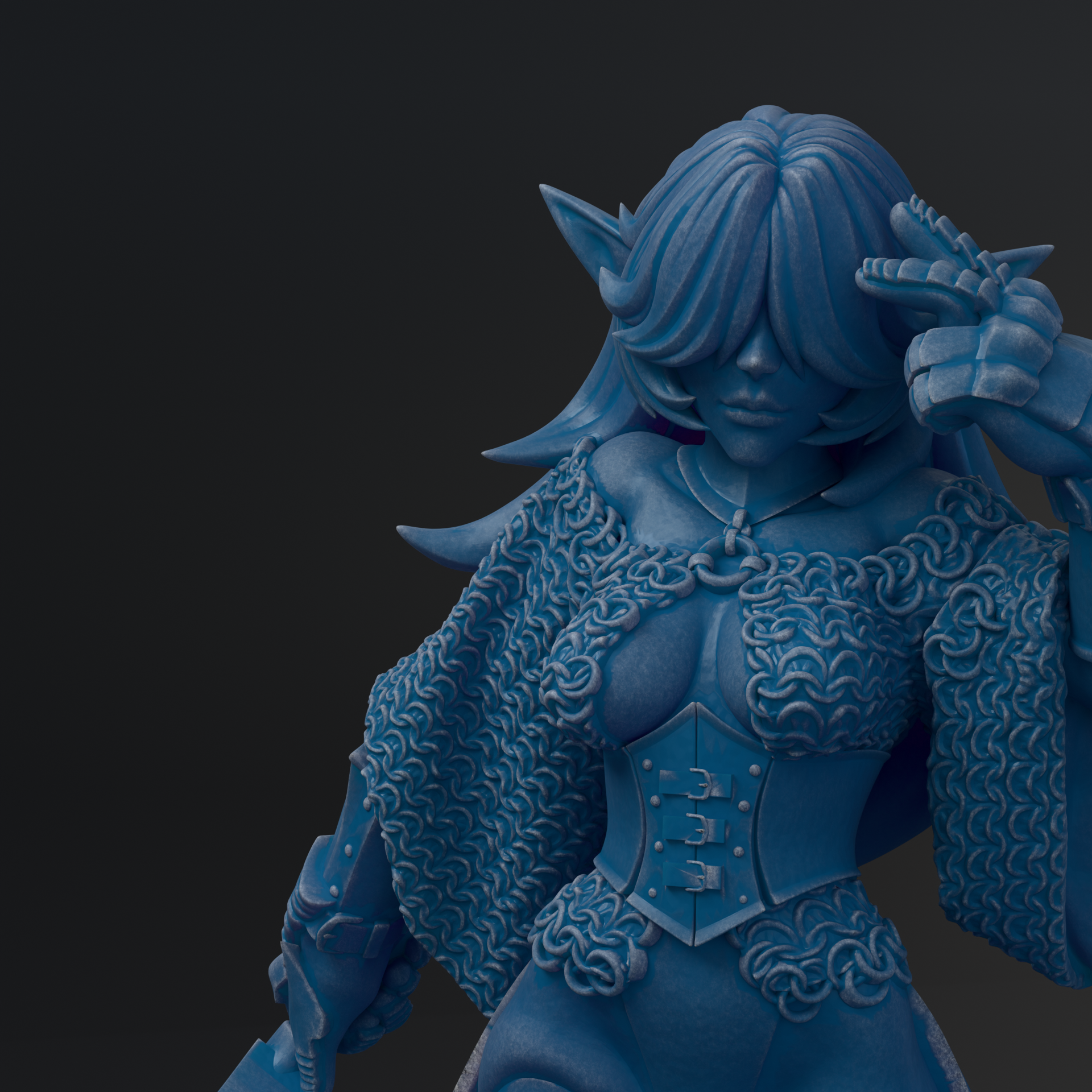 A detailed 3D rendering of a female character with blue hair and a blue-colored outfit, holding a weapon in her hand.