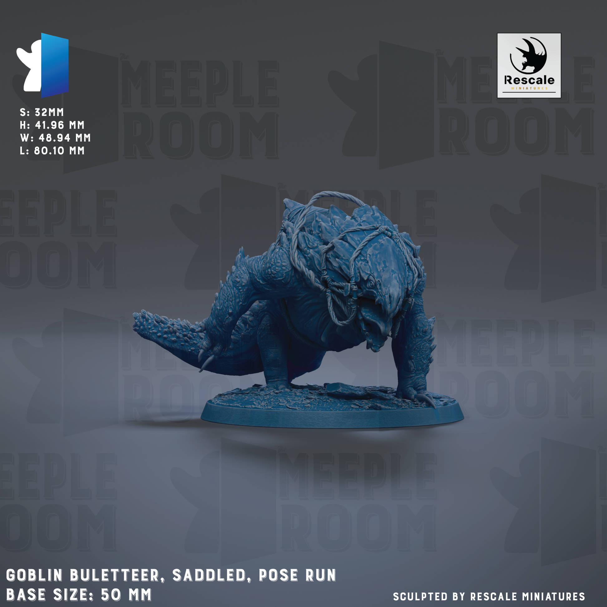 a detailed model of a blue armored creature, likely a type of armored animal or mythical creature, with a saddle and a pose run. The creature is shown in a crouched position, with its head lowered and its body oriented towards the bottom of the image. The base sizes of the model are 50 mm. The image is a collage of multiple images, and it is described as a "Sculpted by RESCALE MINIATURES".
