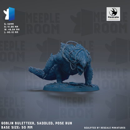 a detailed model of a blue armored creature, likely a type of armored animal or mythical creature, with a saddle and a pose run. The creature is shown in a crouched position, with its head lowered and its body oriented towards the bottom of the image. The base sizes of the model are 50 mm. The image is a collage of multiple images, and it is described as a "Sculpted by RESCALE MINIATURES".