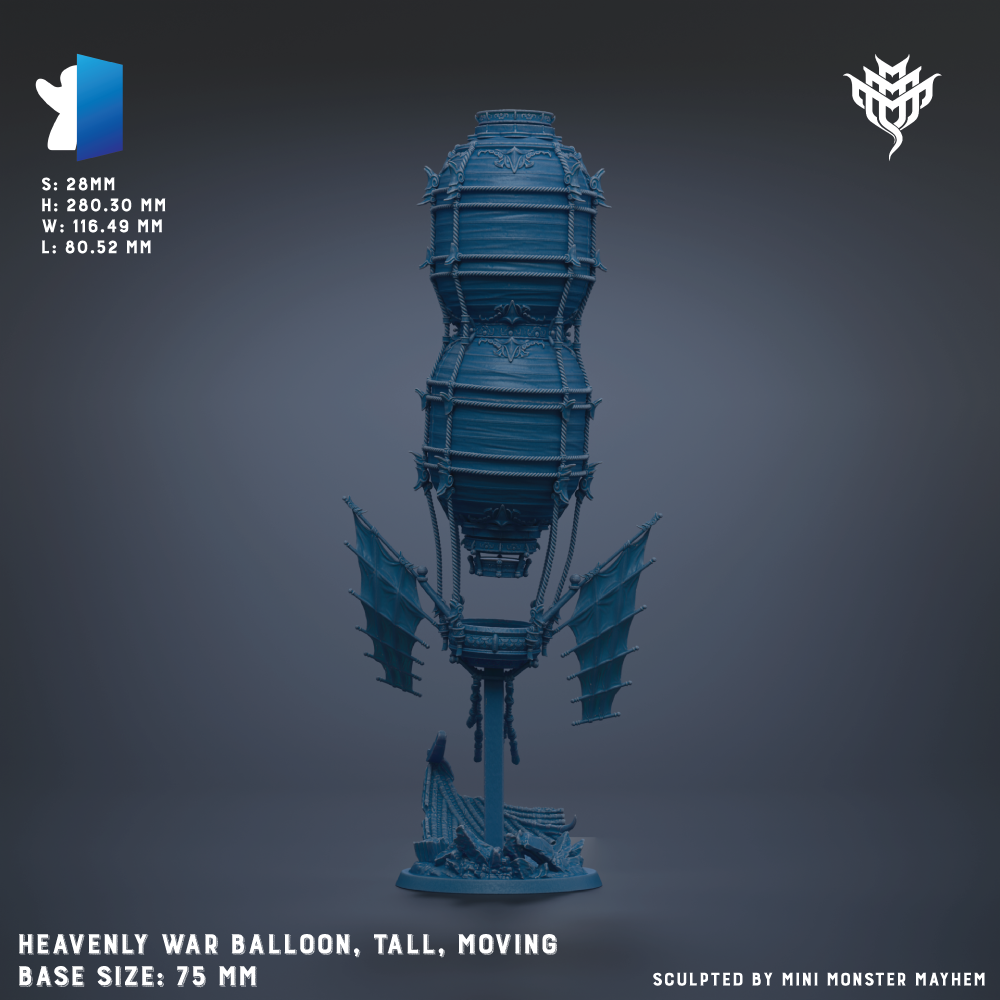 The image is a 3D rendering of a blue war balloon sculpture, which is tall and appears to be moving. The base size of the balloon is 75 millimeters. The sculpture is designed to resemble a war balloon, with a cylindrical body and a pointed nose. The image does not contain any text, and it is a single, unified image.