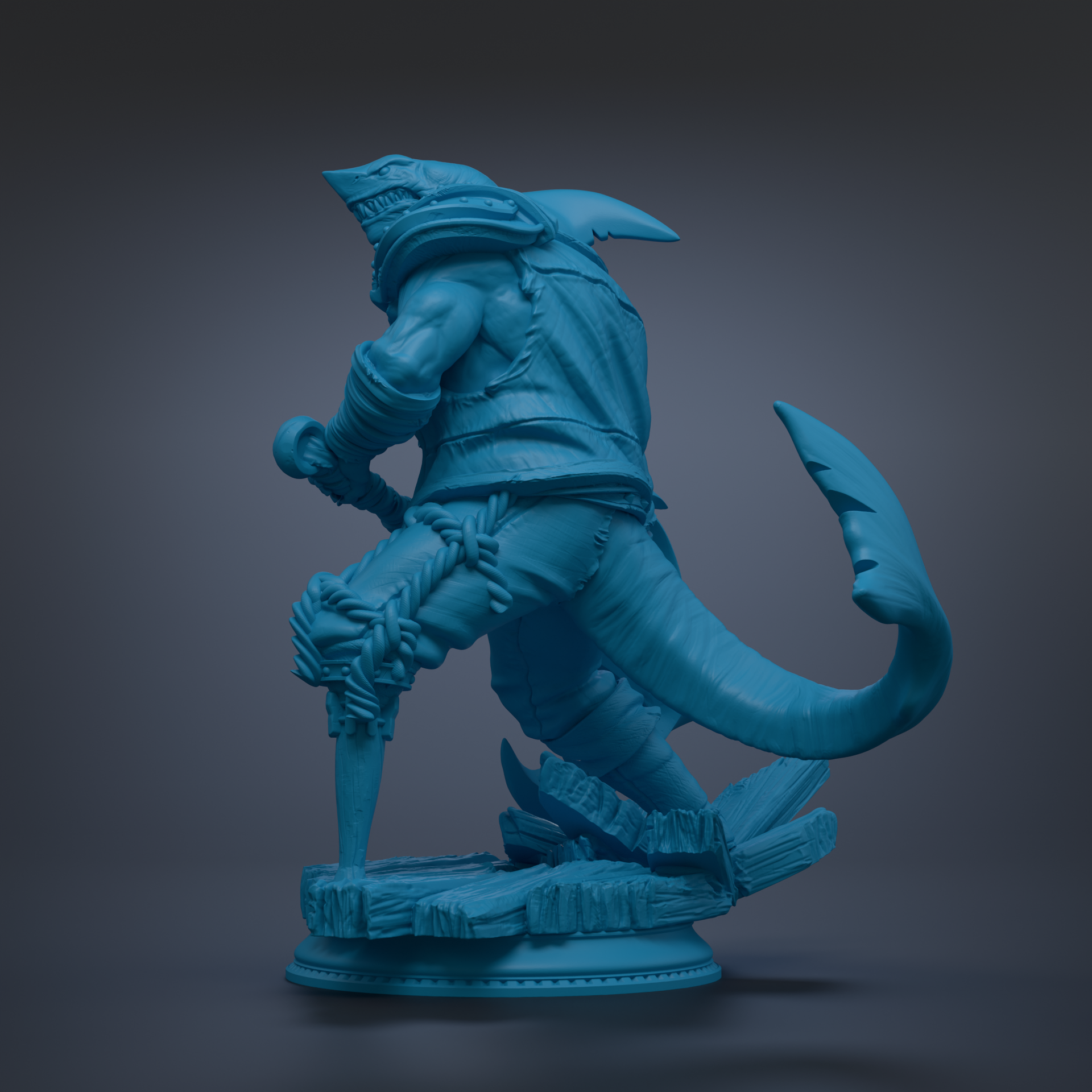 A blue 3D model of a shark-like creature with a sword in its mouth, standing on a rock formation.