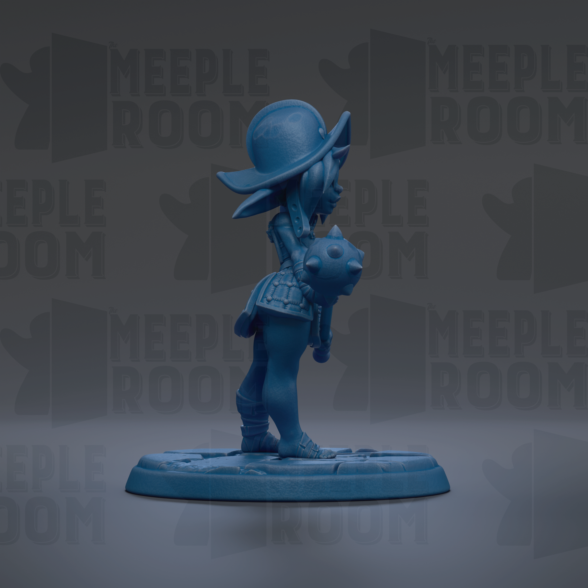 A blue figurine of a person wearing a hat and holding a weapon, standing on a platform against a dark background with repeated text.