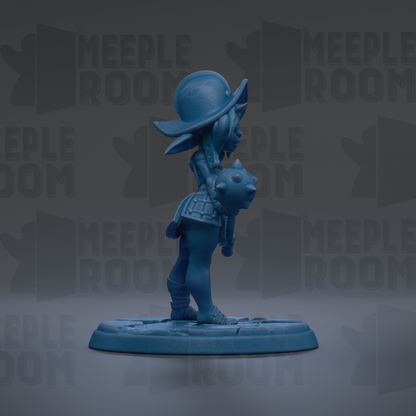A blue figurine of a person wearing a hat and holding a weapon, standing on a platform against a dark background with repeated text.
