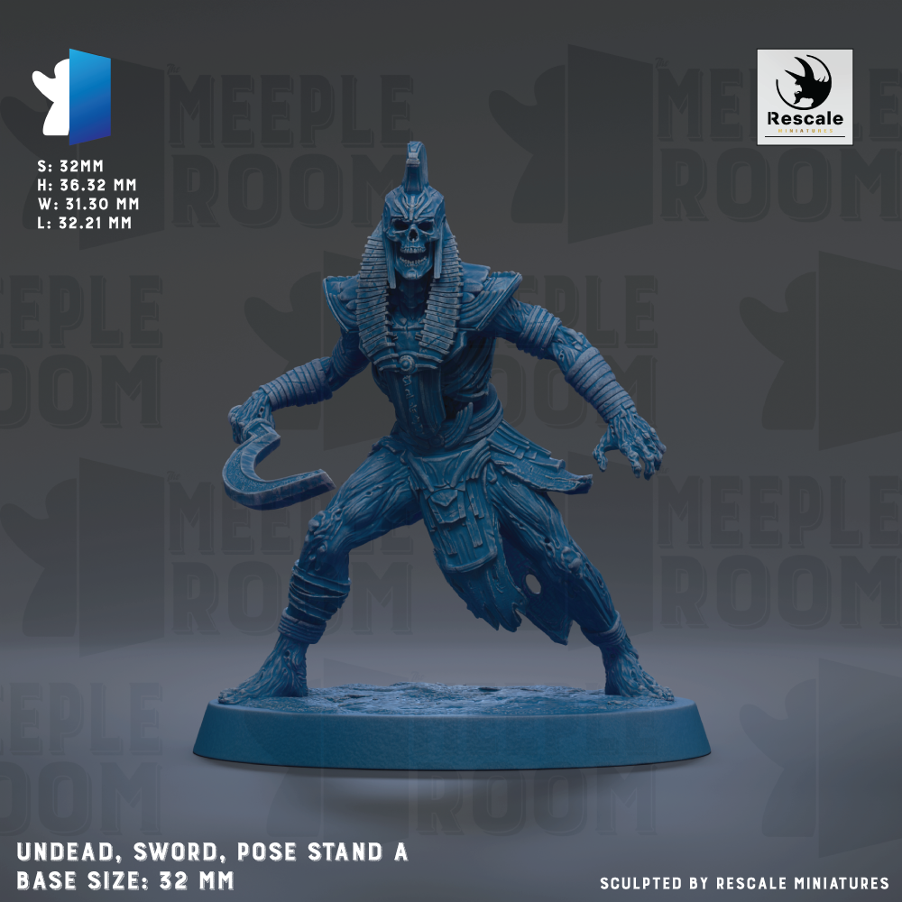 a figurine of an ancient Egyptian warrior, specifically a pharaoh, posed on a base size of 32mm.