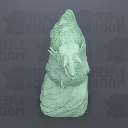 A green, sculpted statue of a creature with a large head and sharp teeth, set against a dark background with repeated text.