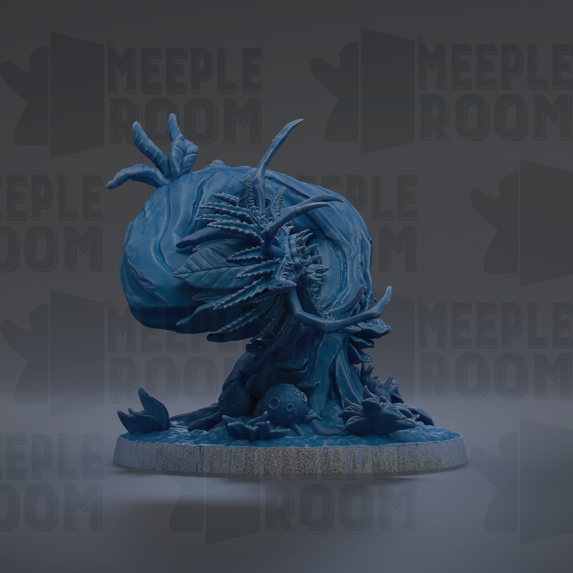 a blue, abstract sculpture with a textured, organic shape resembling a plant or tree.