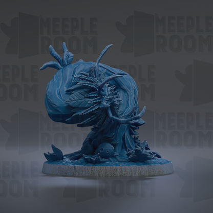 a blue, abstract sculpture with a textured, organic shape resembling a plant or tree.