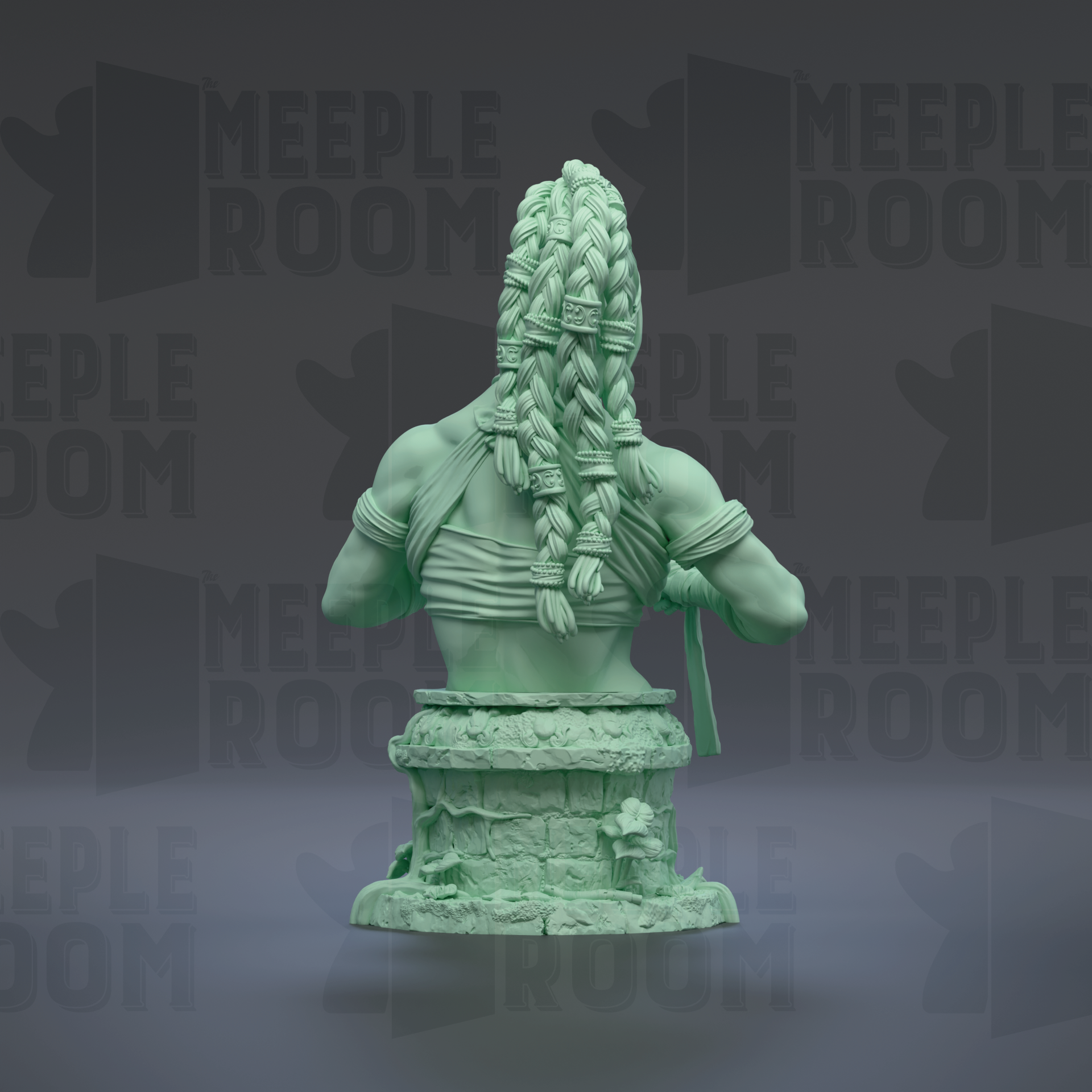A green statue of a person with braided hair is shown against a dark background with repeated text.