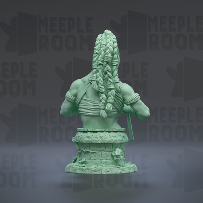 A green statue of a person with braided hair is shown against a dark background with repeated text.