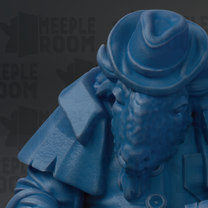 A close-up of a blue, sculpted figure wearing a hat and coat, with the text "MEUPLE ROOM" visible in the background.