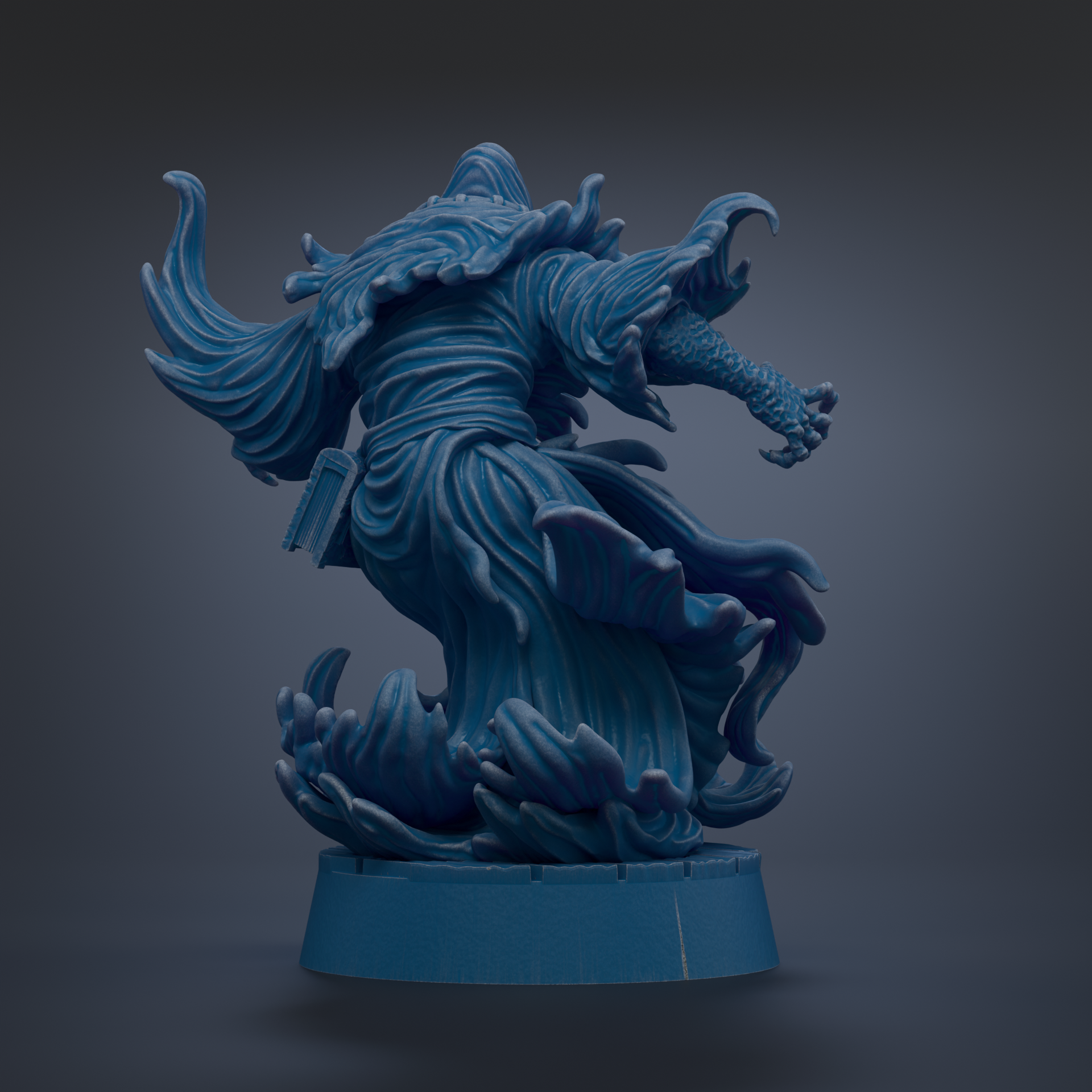 A 3D rendering of a blue, fantastical creature with flowing, wave-like patterns and sharp, claw-like features, standing on a blue base.