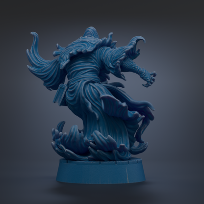 A 3D rendering of a blue, fantastical creature with flowing, wave-like patterns and sharp, claw-like features, standing on a blue base.