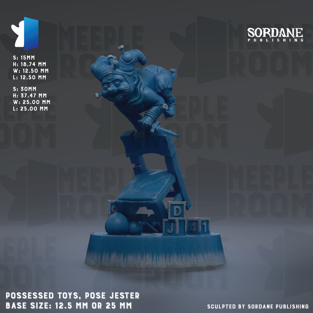 The image is a 3D rendering of a jester statue, which is a type of toy. The statue is posed on a blue base and is described as a " Possessed toy, pose Jester" with a base size of either 12.5 mm or 25 mm. The image is a collage of multiple images, and it is not a description of each individual image. The phrase "S.15MM" is present, but it is not a description. The image is published by Sordane Publishing.