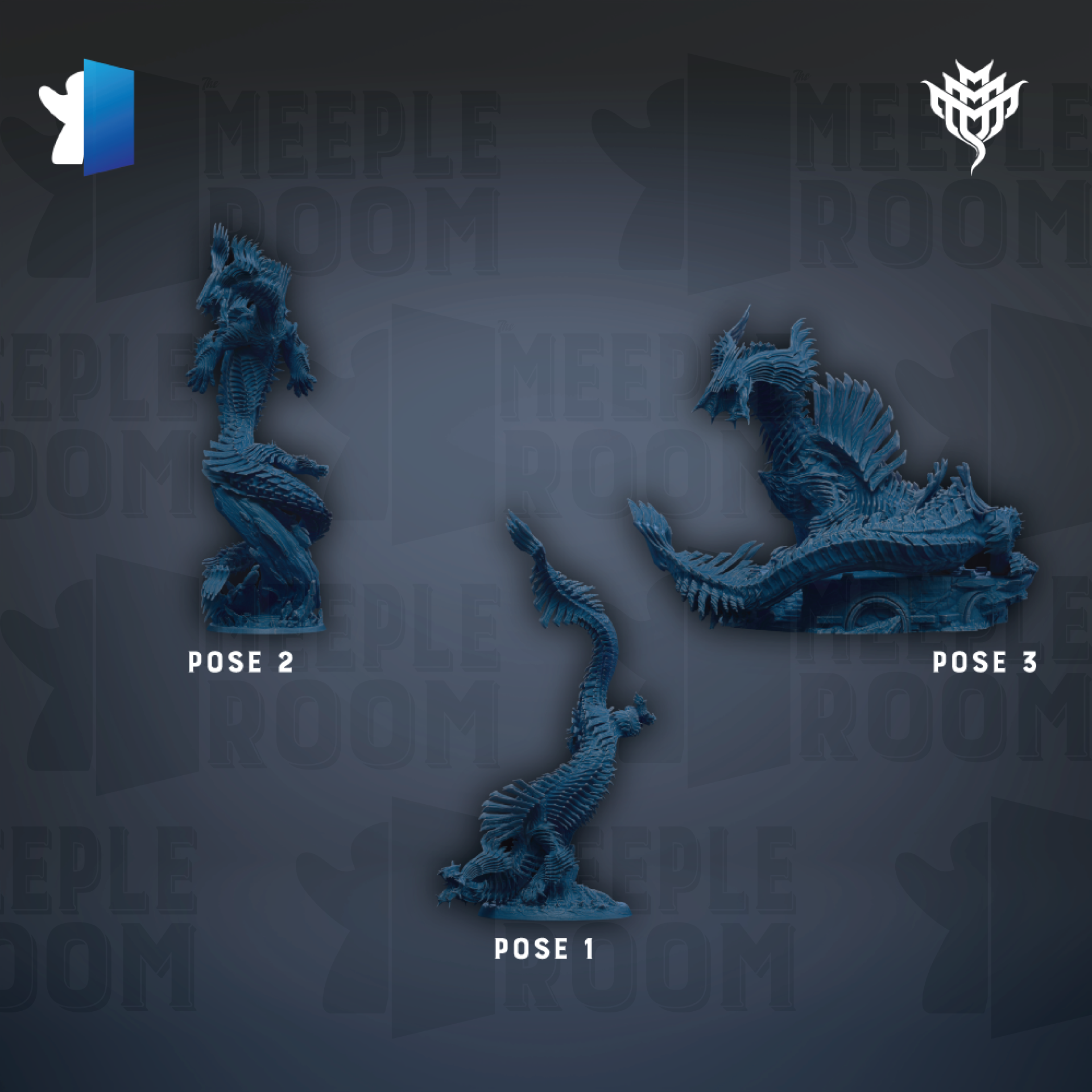 three blue dragon statues, each in a different pose, against a dark background with the word "MEIPLE ROOM" repeated multiple times.