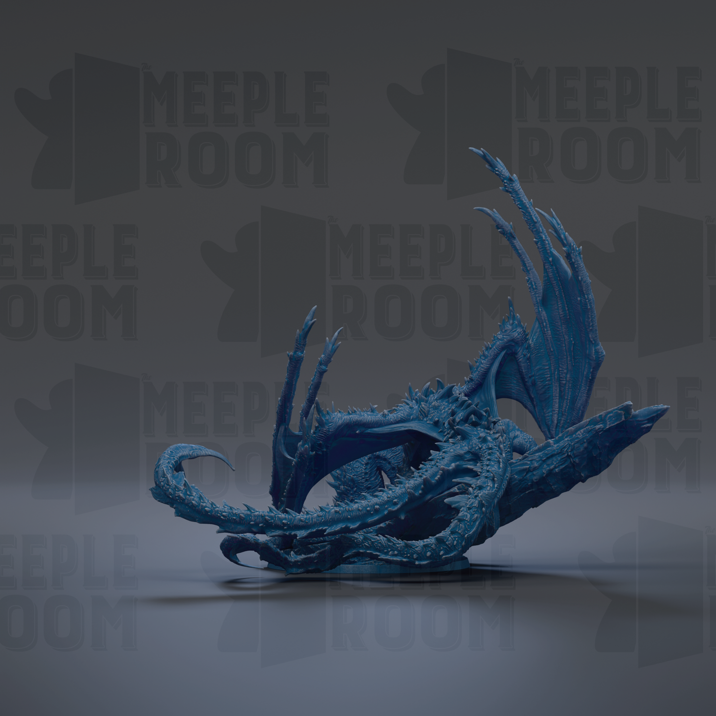 A blue dragon figurine is displayed against a dark background with repeated "MEUPLE ROOM" text.