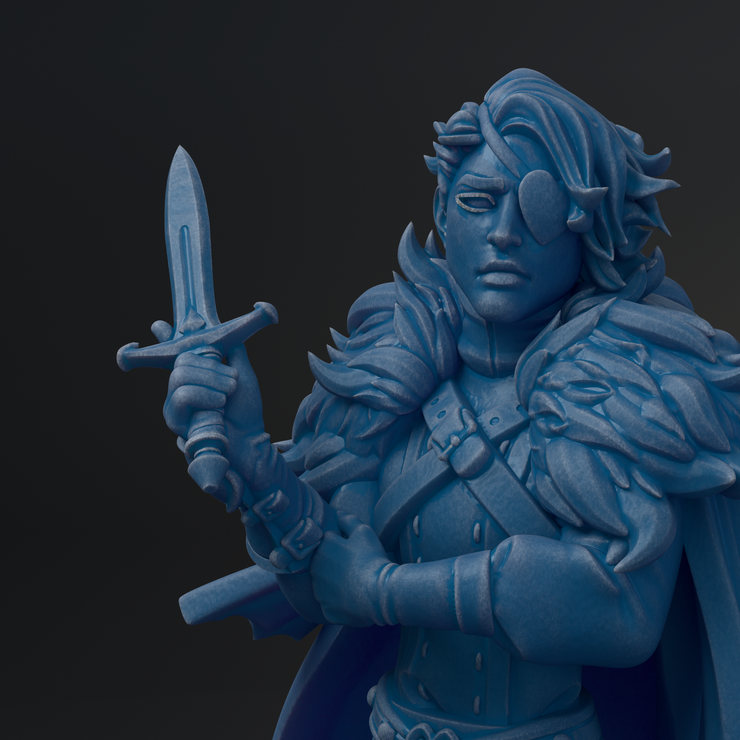 A blue statue of a person holding a sword and wearing a fur-trimmed cape.
