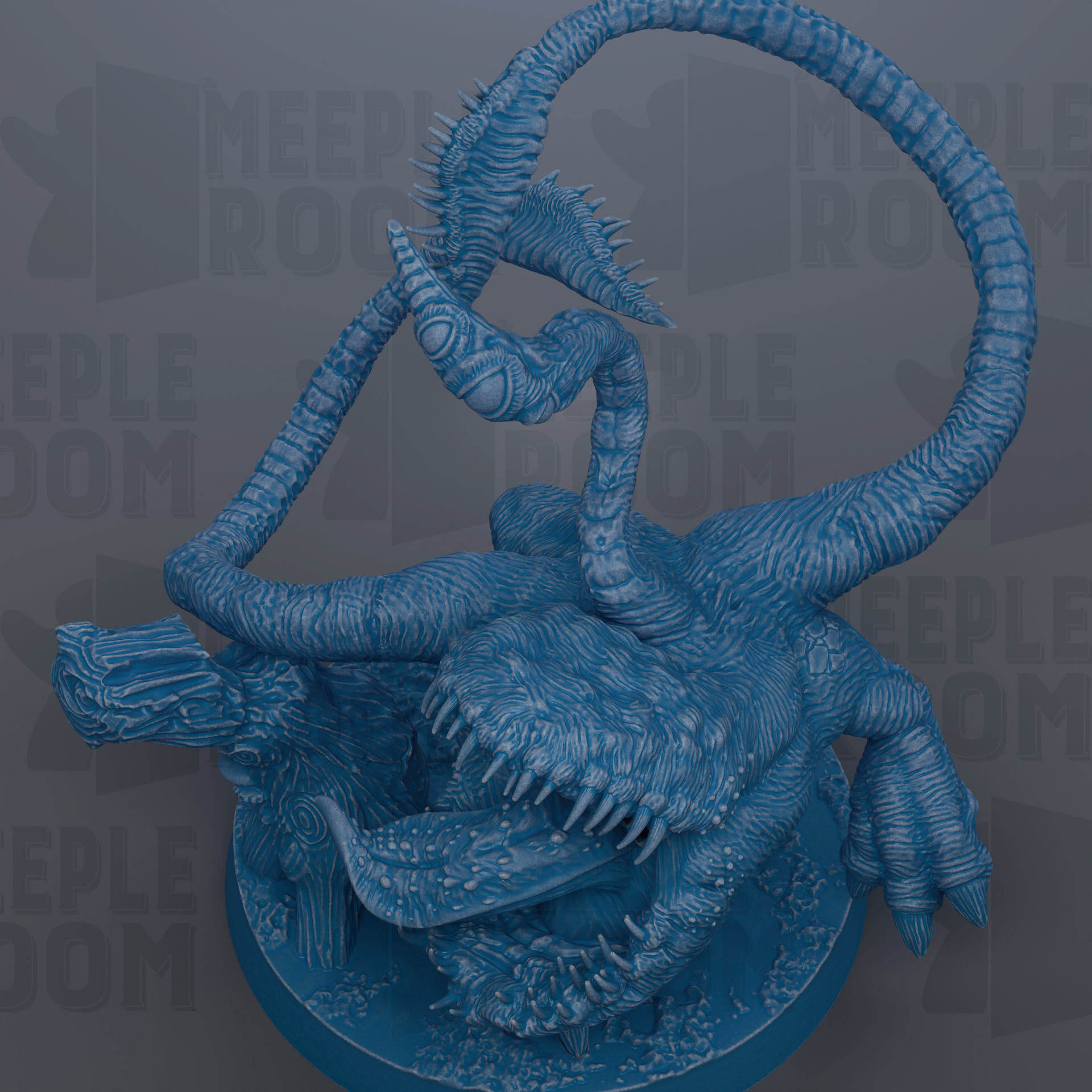 A 3D rendering of a large, blue, fantastical creature with sharp teeth and an elongated body, resembling a mythical or imaginary being.