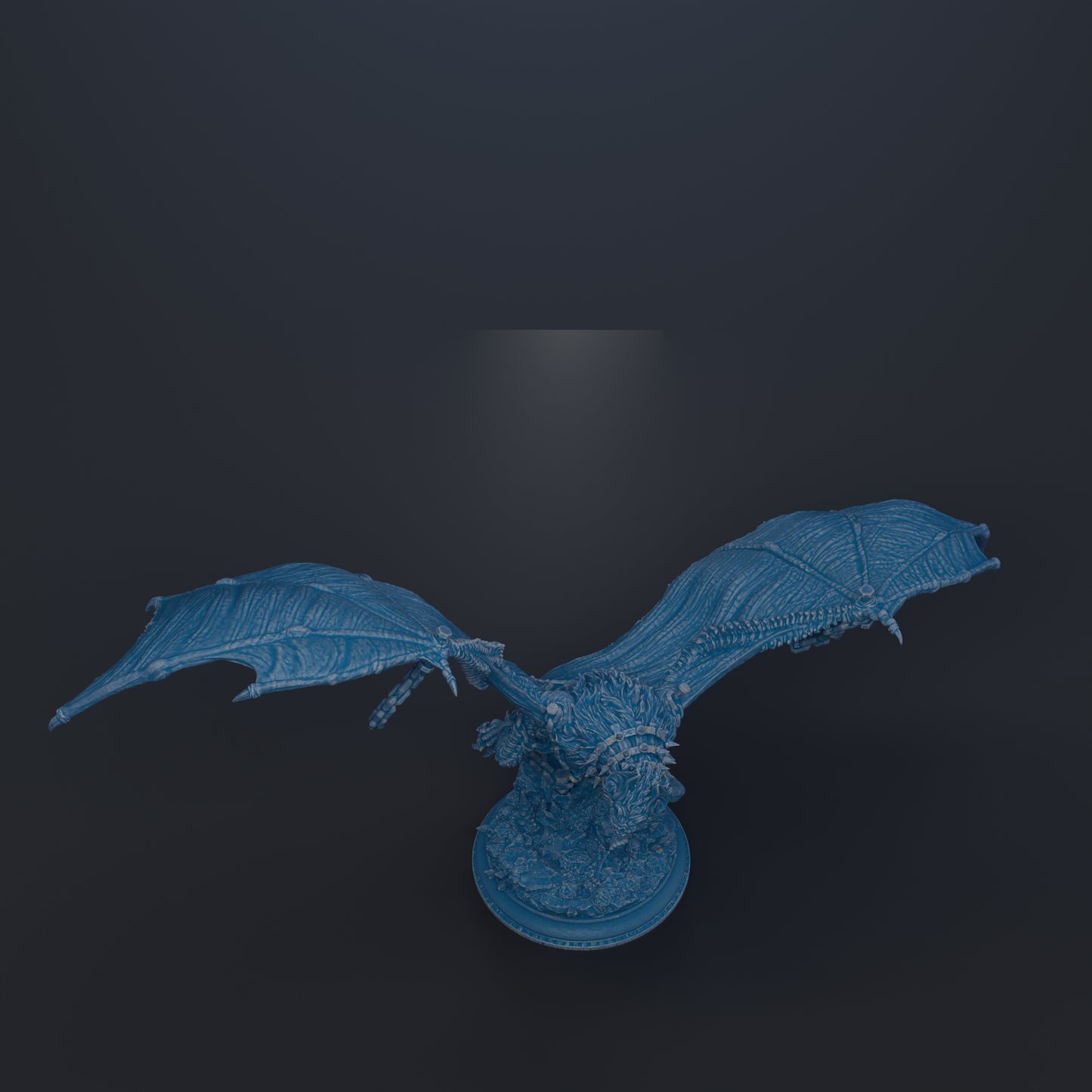 A 3D rendering of a blue dragon-like creature with wings spread out against a dark background.