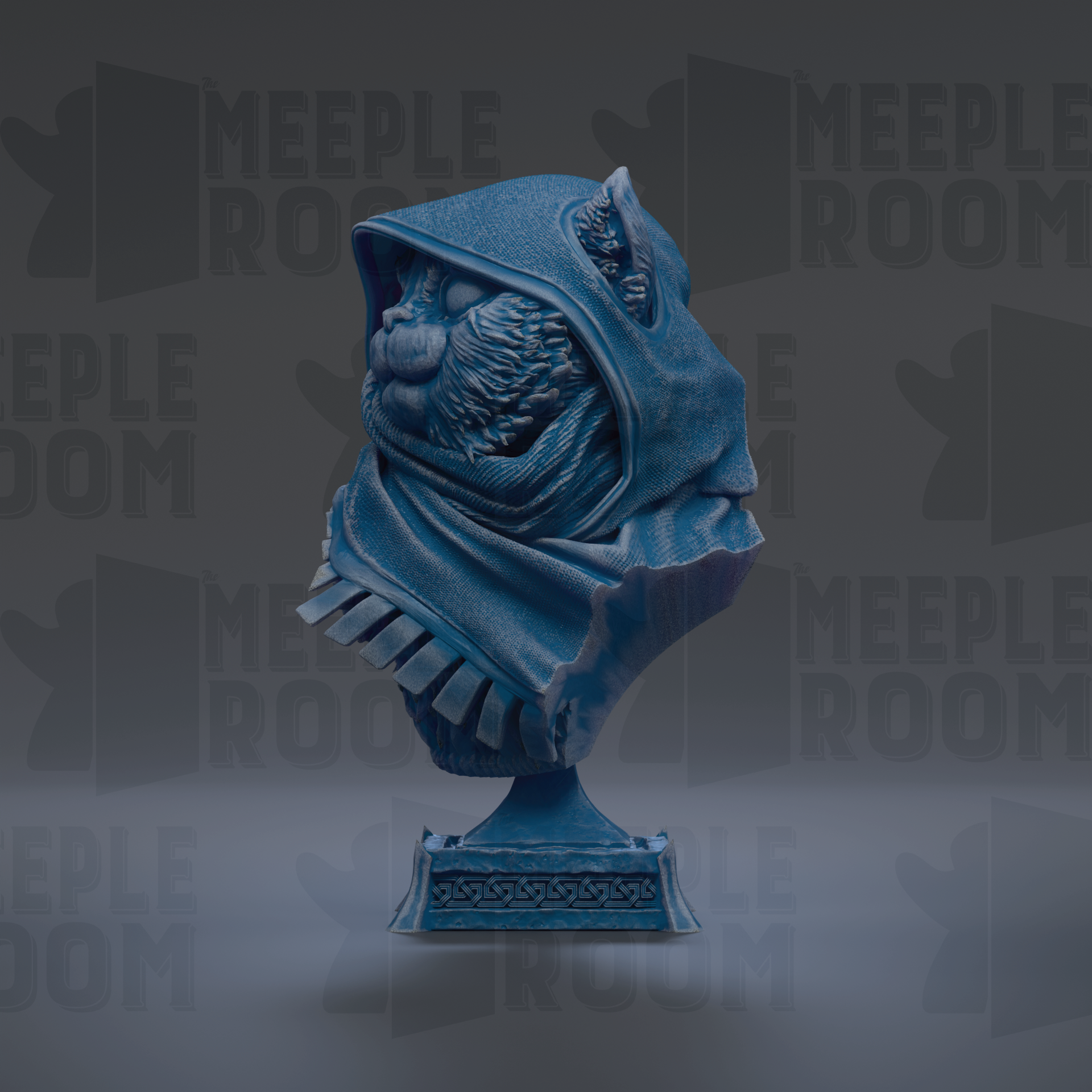 A blue bust sculpture with a hooded design, displayed against a dark background with repeated text.