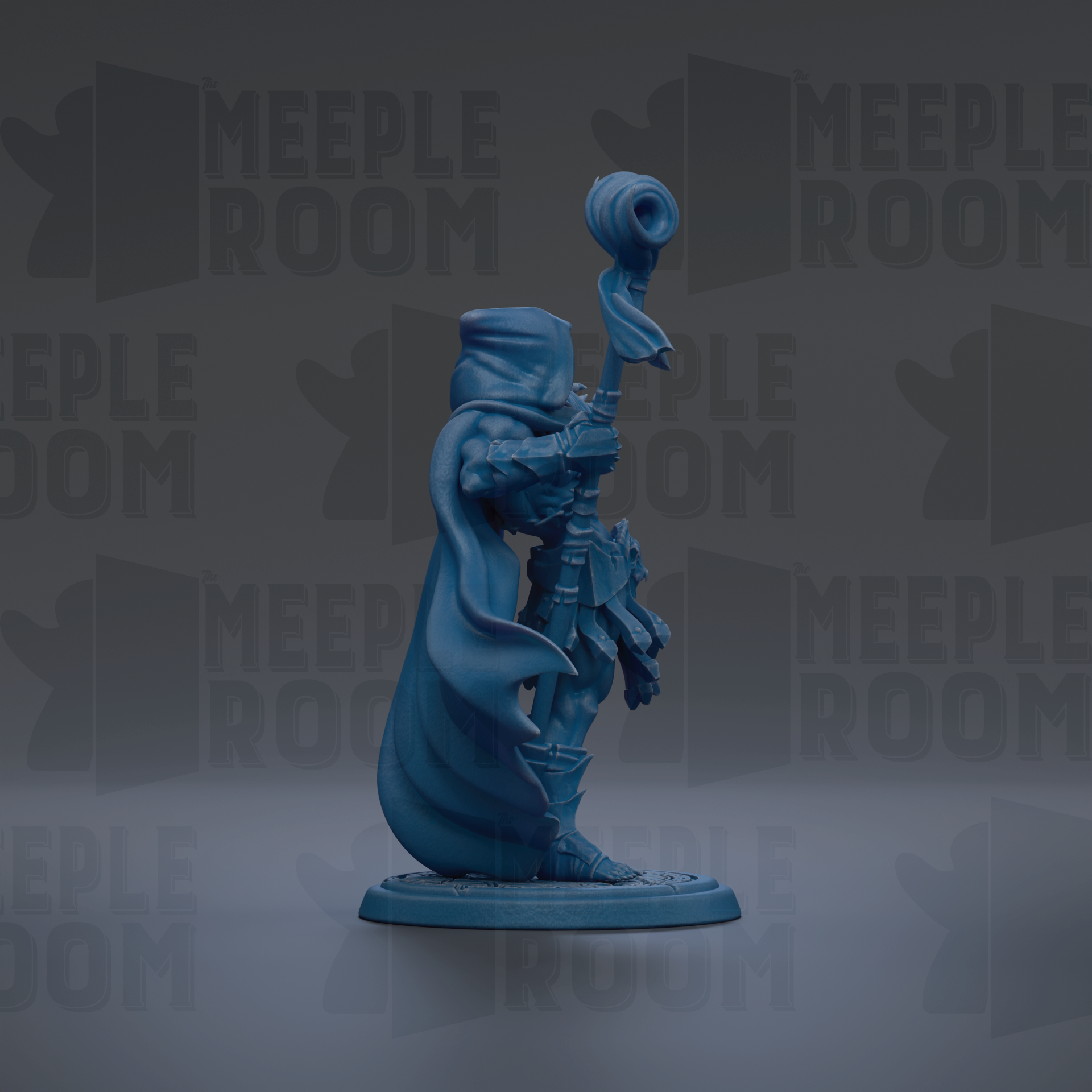 A blue figurine of a wizard or magical figure, holding a staff and wearing a cape, standing against a dark background with repeated text.