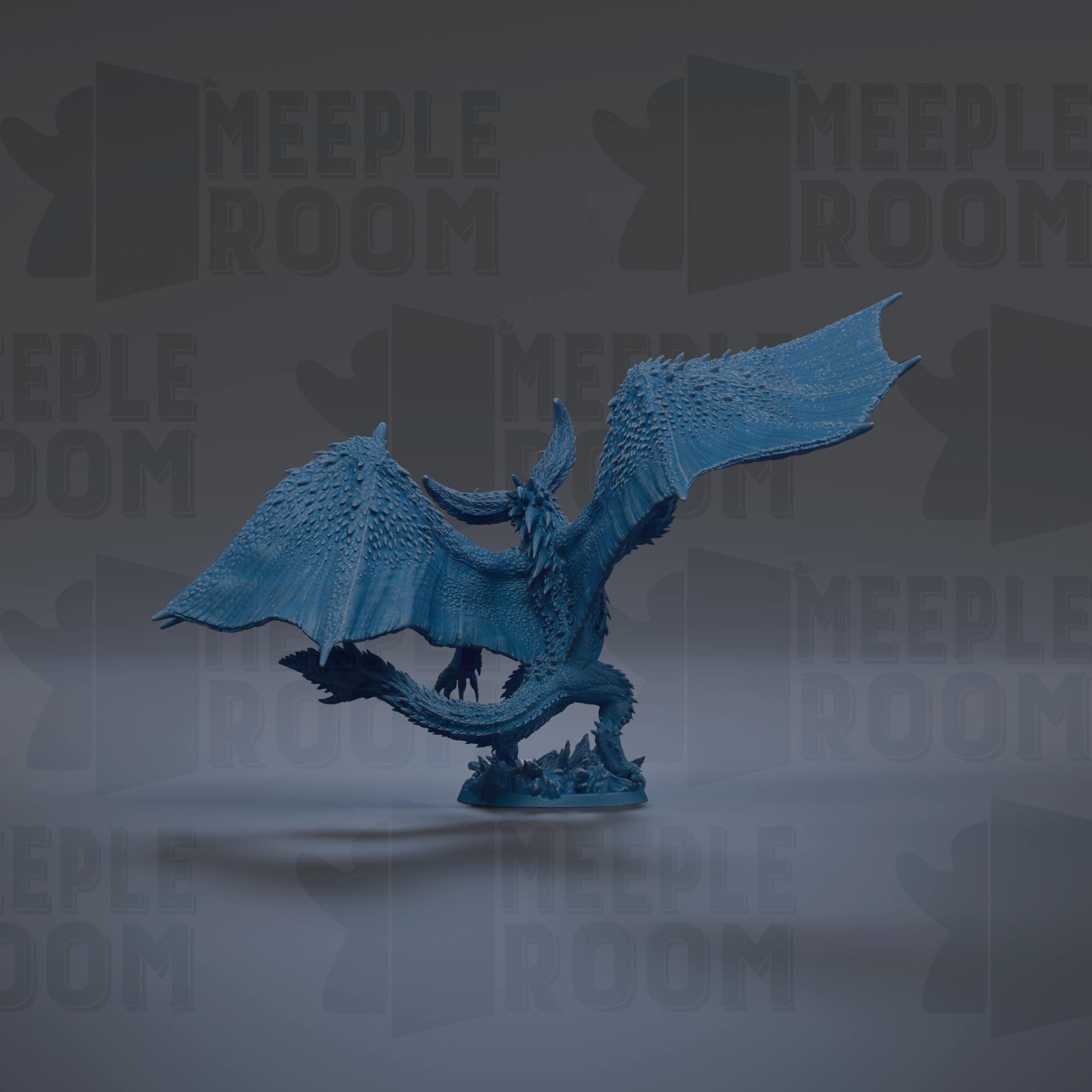 A blue dragon figurine with outstretched wings is the central focus of the image.