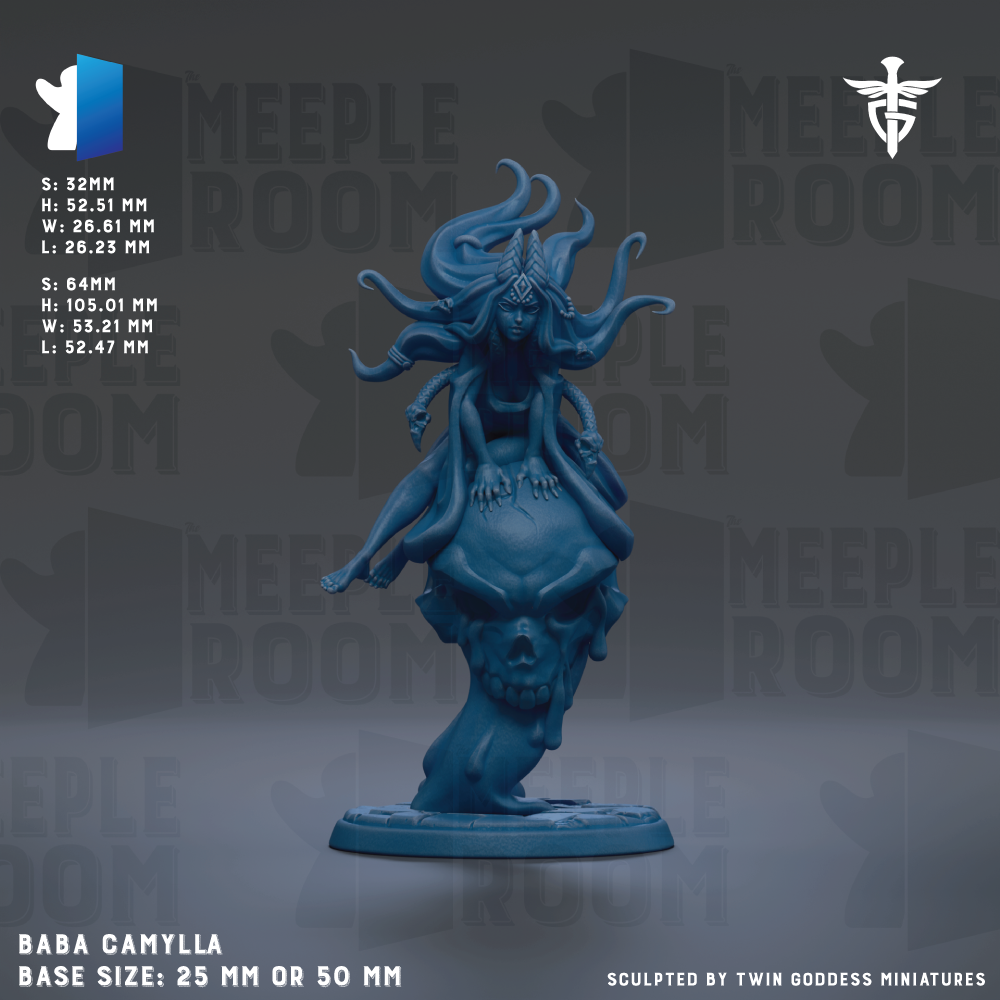 The image is a figurine of a woman with long hair sitting on a skull, with the skull being the base. The figurine is blue in color and appears to be a sculpture. The image is described as a base size of 25mm or 50mm, and it is sculpted by Twin Goddesses miniatures.