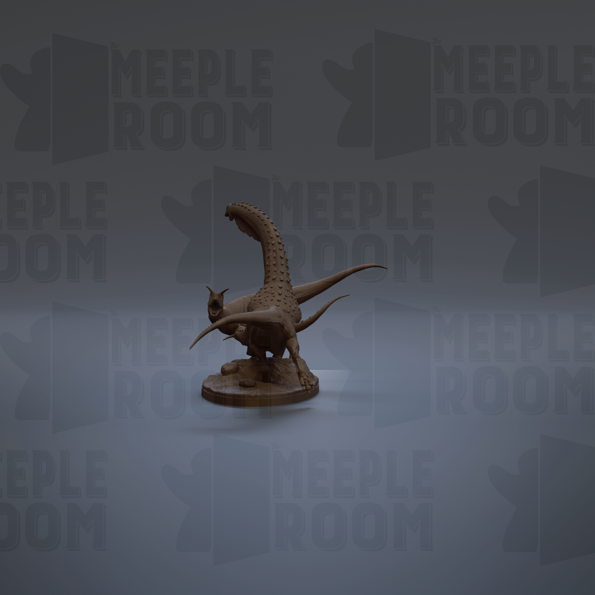 a brown figurine of a dragon-like creature with a long neck and tail, sitting on a wooden base.