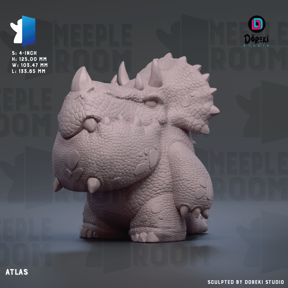 The image is a 3D rendering of a small, detailed toy dinosaur, specifically a meeplesaurus, which is a type of triceratops. The dinosaur is posed in a standing position, with its head and body facing forward. The image does not contain any text or additional objects, and it is a single, static image of the meeplesaurus.