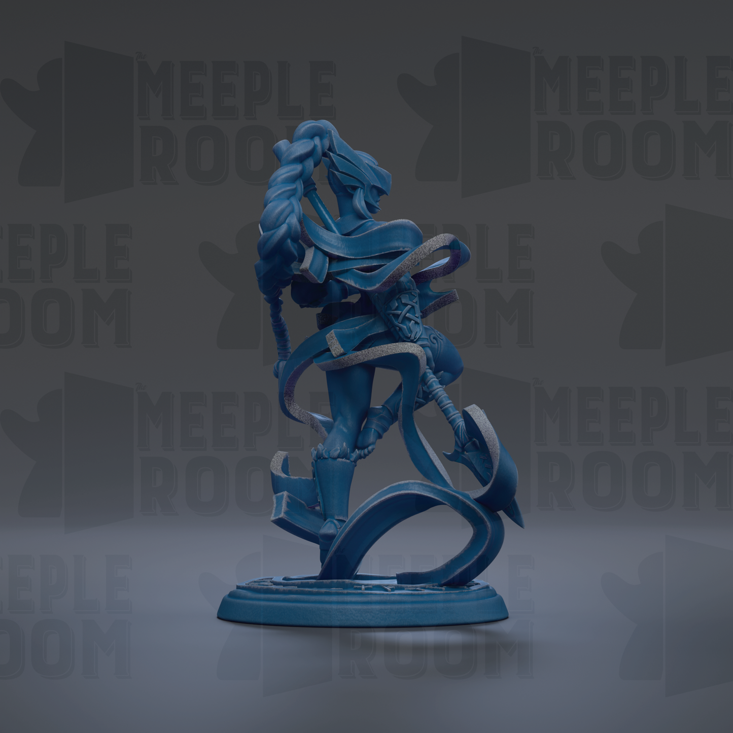 A blue, abstract statue of a figure with flowing hair and a dynamic pose, standing on a base.