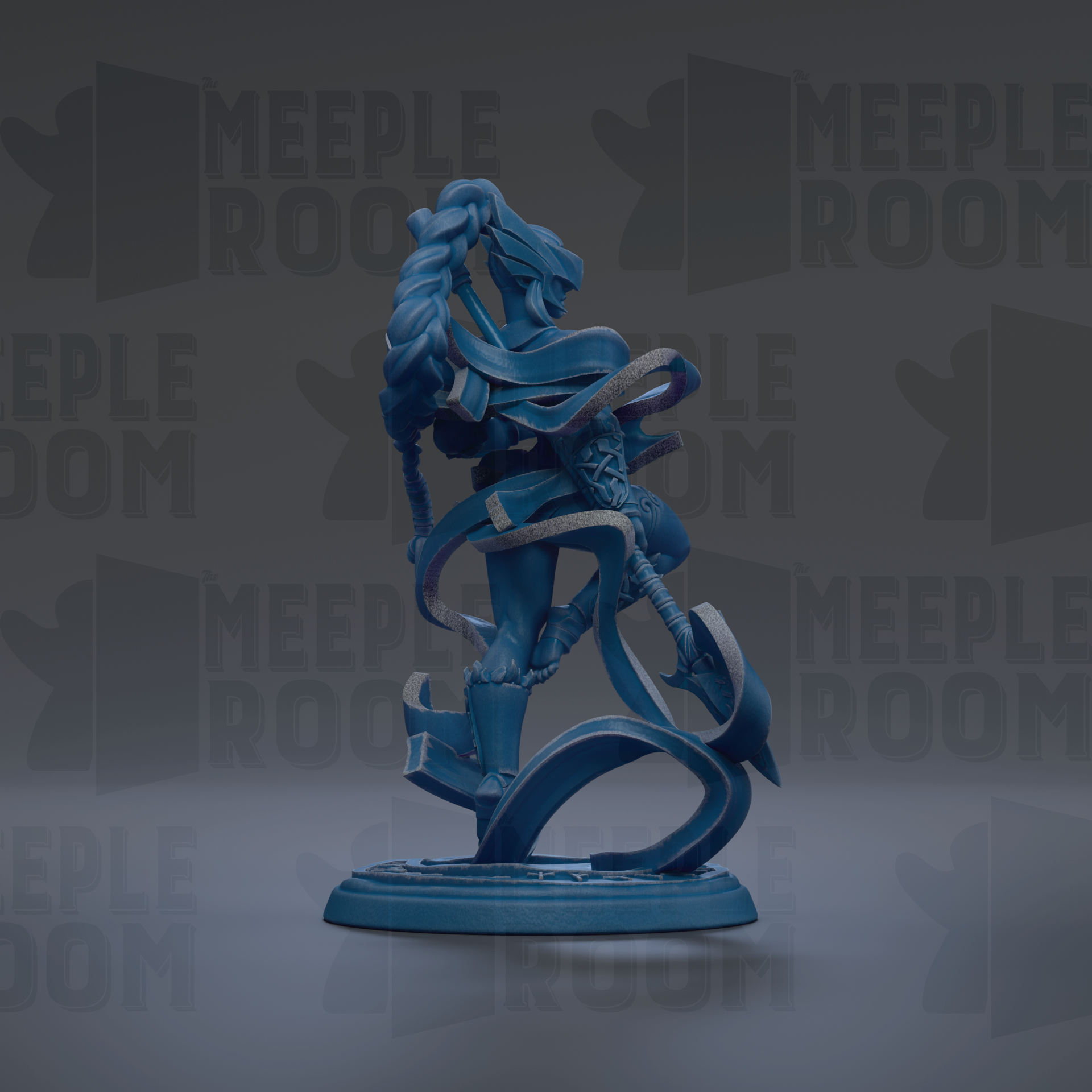 A blue, abstract statue of a figure with flowing hair and a dynamic pose, standing on a base.