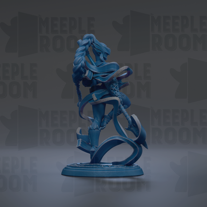 A blue, abstract statue of a figure with flowing hair and a dynamic pose, standing on a base.