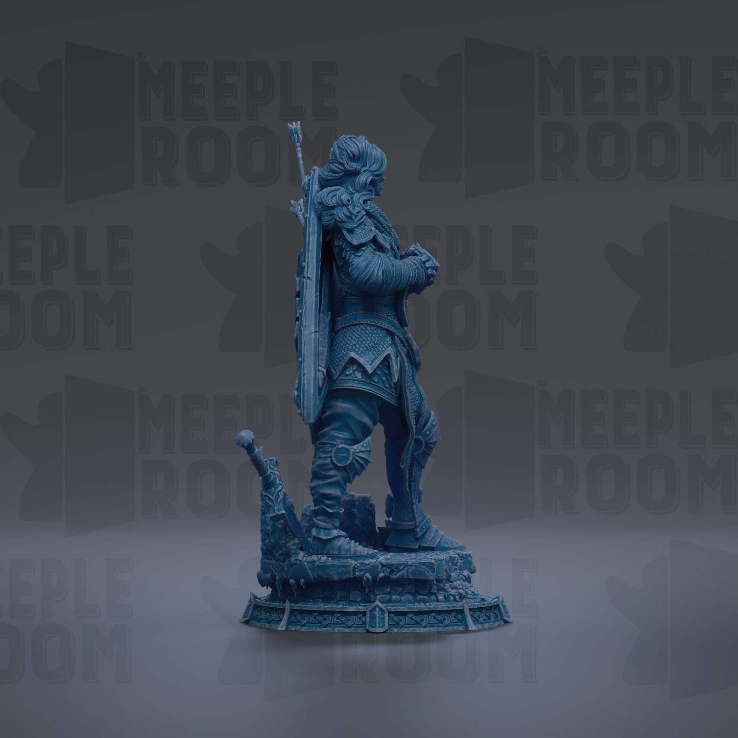 A blue statue of a warrior standing on a pedestal against a dark background with repeated text.