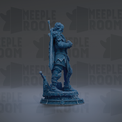 A blue statue of a warrior standing on a pedestal against a dark background with repeated text.