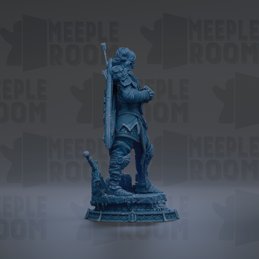 A blue statue of a warrior standing on a pedestal against a dark background with repeated text.