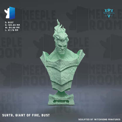 a bust of a green, fiery-looking character with a fierce expression, likely representing the character Surt, the Giant of Fire from the video game Meeple Room.