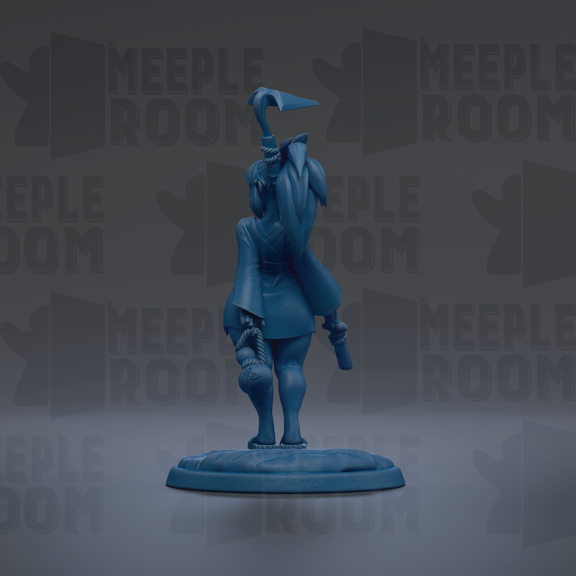 A blue figurine of a person standing on a platform, holding a weapon in their hand.