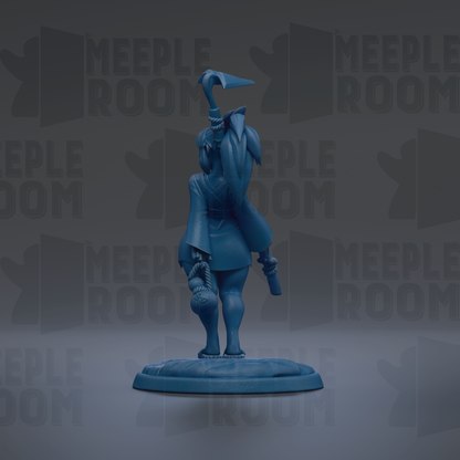 A blue figurine of a person standing on a platform, holding a weapon in their hand.