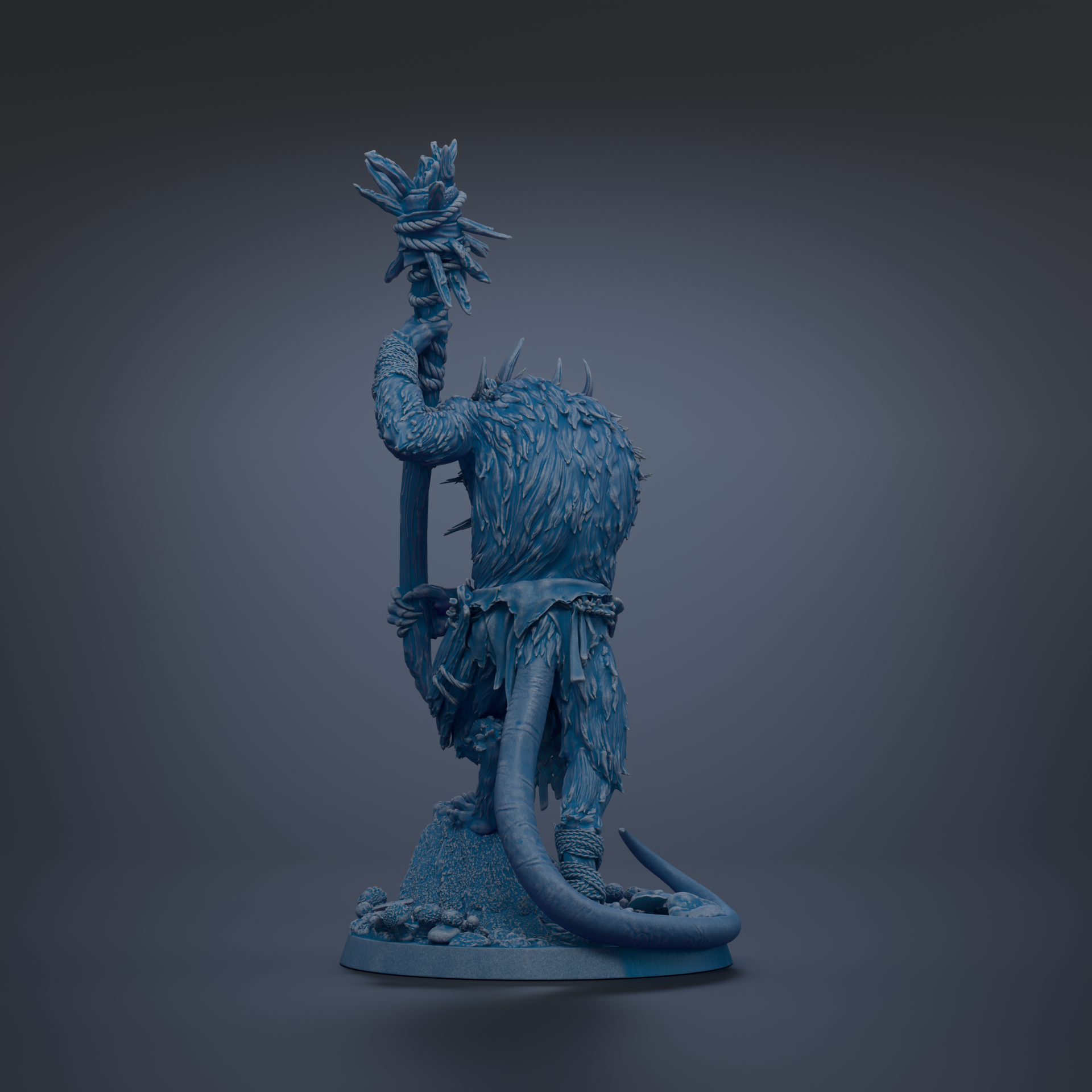 A 3D rendering of a fantastical creature with a long, curved tail and a large head, standing on a rock formation.