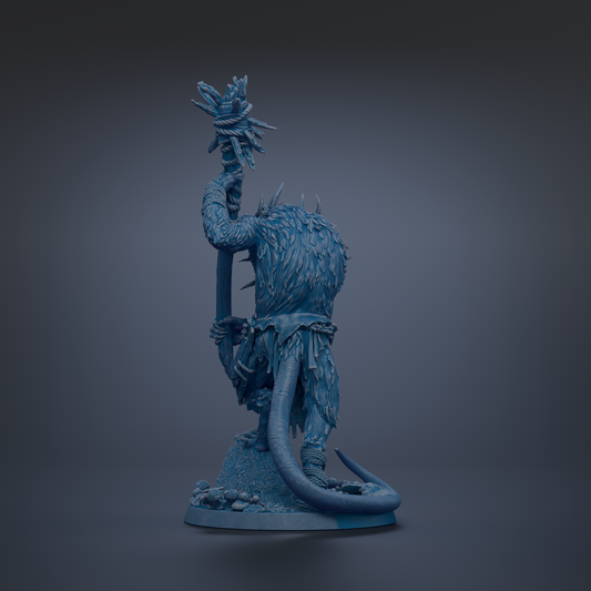 A 3D rendering of a fantastical creature with a long, curved tail and a large head, standing on a rock formation.