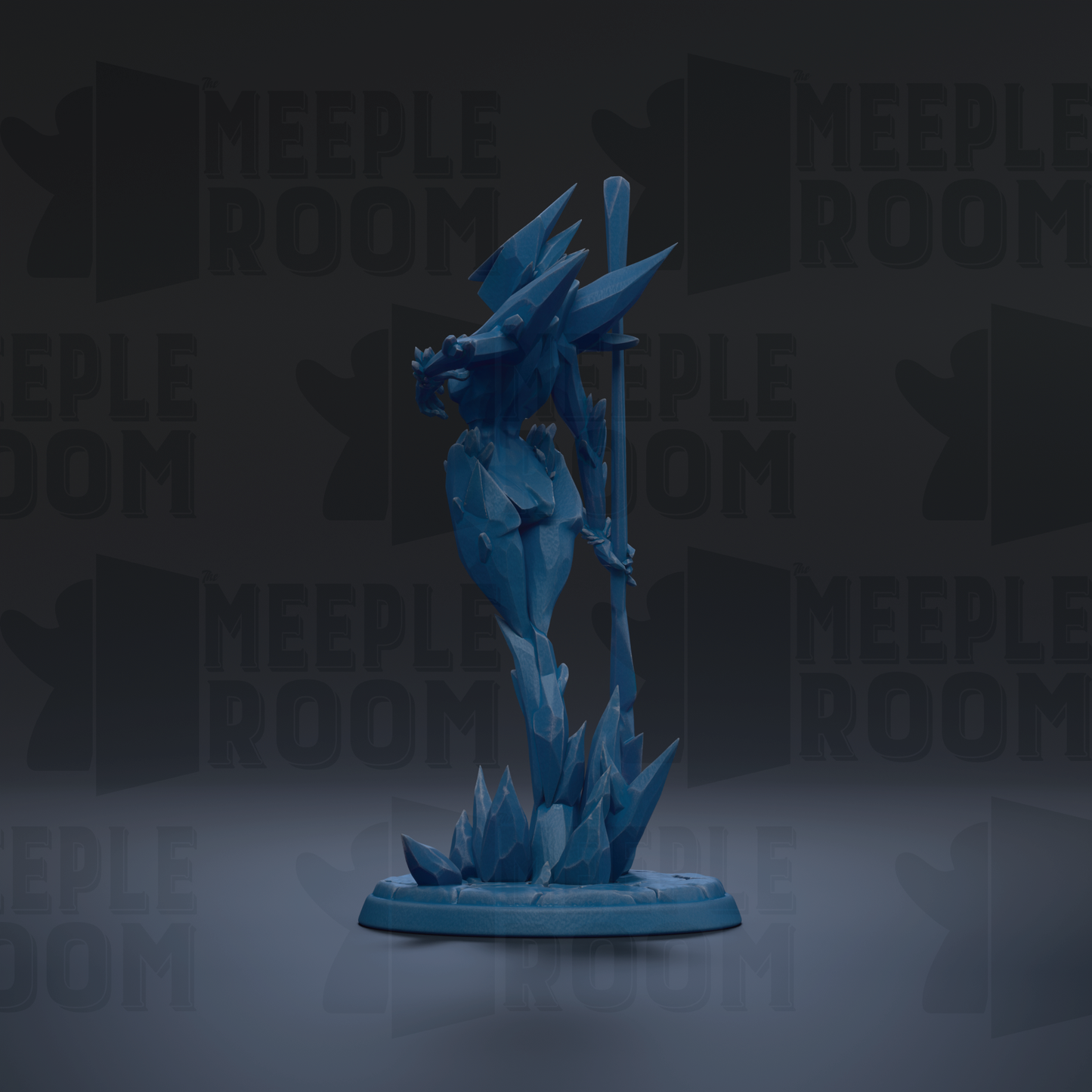 A blue, abstract sculpture with sharp, angular features stands prominently against a dark background.