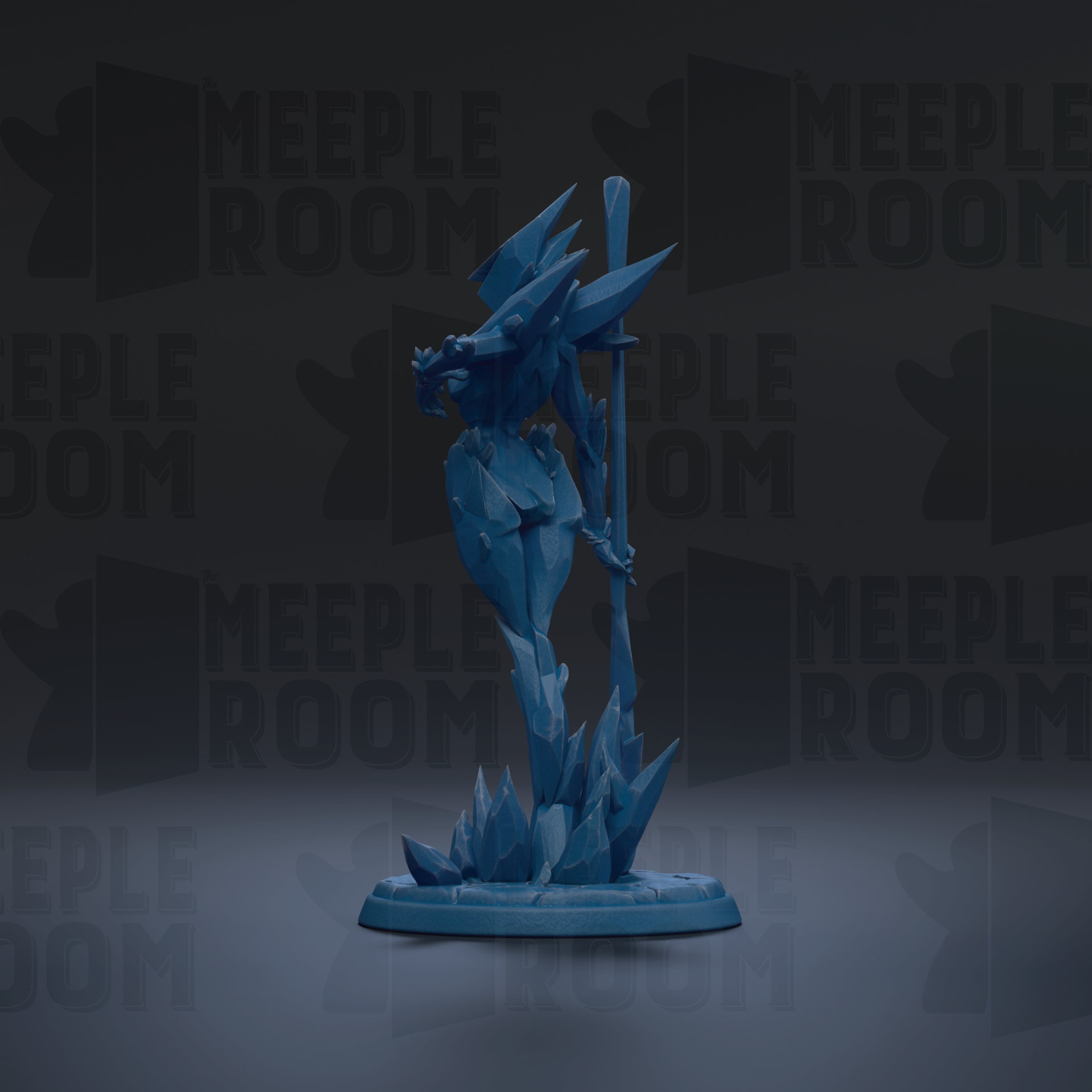 A blue, abstract sculpture with sharp, angular features stands prominently against a dark background.