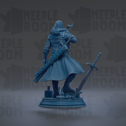 A blue statue of a person holding a sword and shield, standing in a defensive stance.