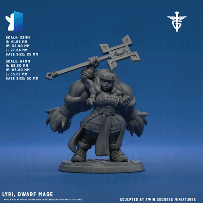 Lyri, Dwarf Mage by Twin Goddess Miniatures | Miniature | TTRPG | Unpainted | Print on Demand