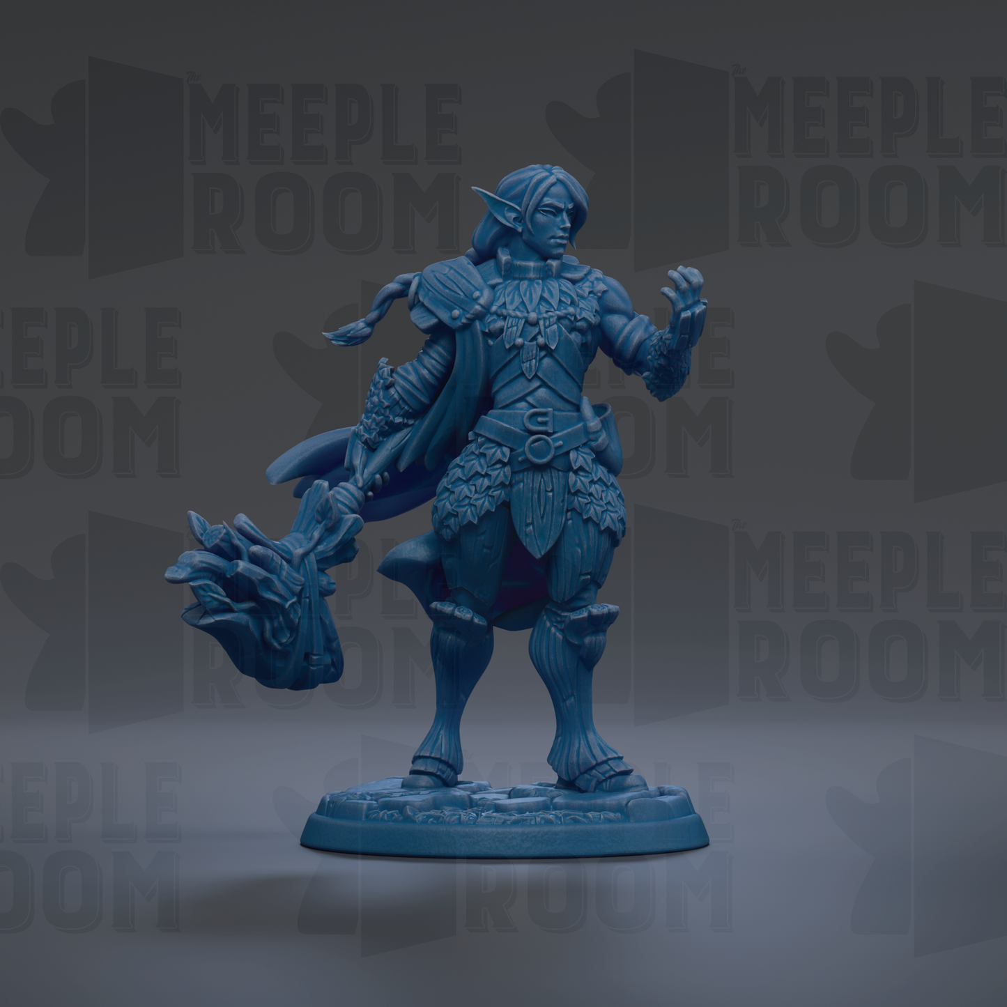 A blue figurine of a warrior standing in a fighting stance, holding a weapon and wearing a decorative outfit.