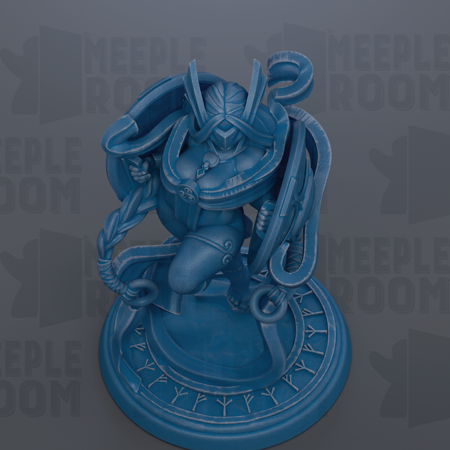 A blue, 3D-rendered statue of a figure with a helmet and a sword, standing on a circular base with intricate designs.