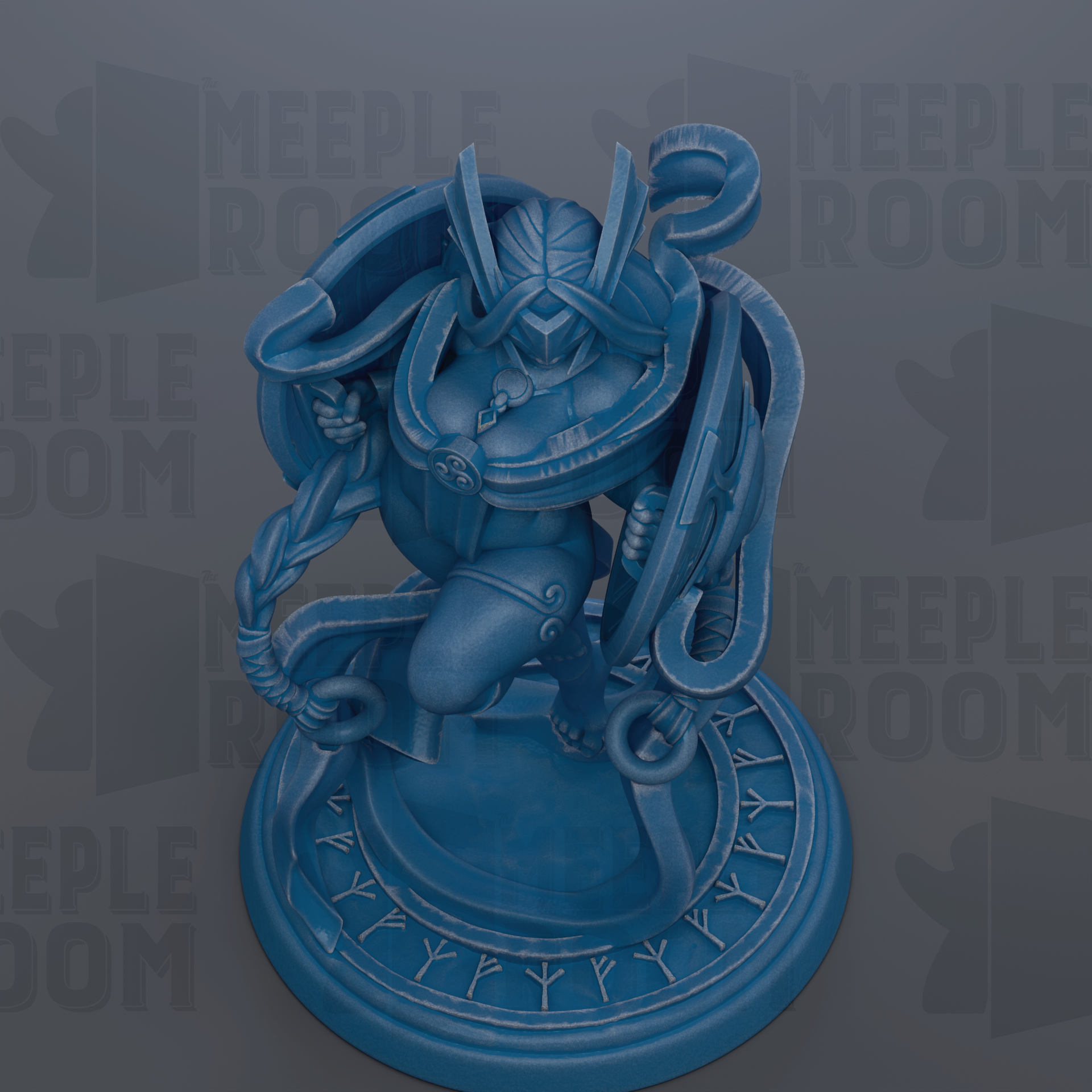 A blue, 3D-rendered statue of a figure with a helmet and a sword, standing on a circular base with intricate designs.