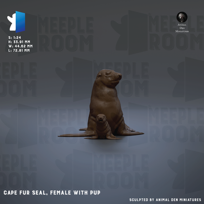 a female seal with a pup, sitting on a gray surface.
