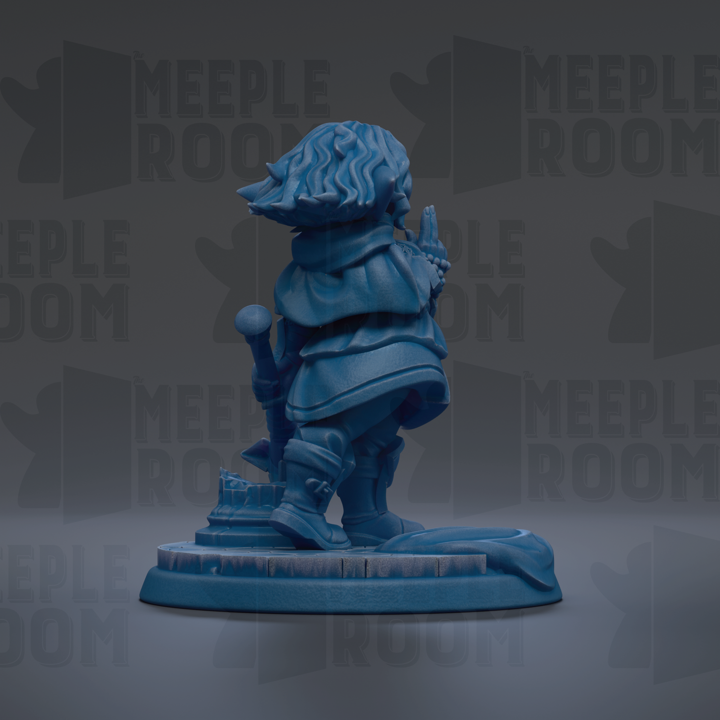 A blue figurine of a person standing on a platform, holding a microphone and a small object in their hand.