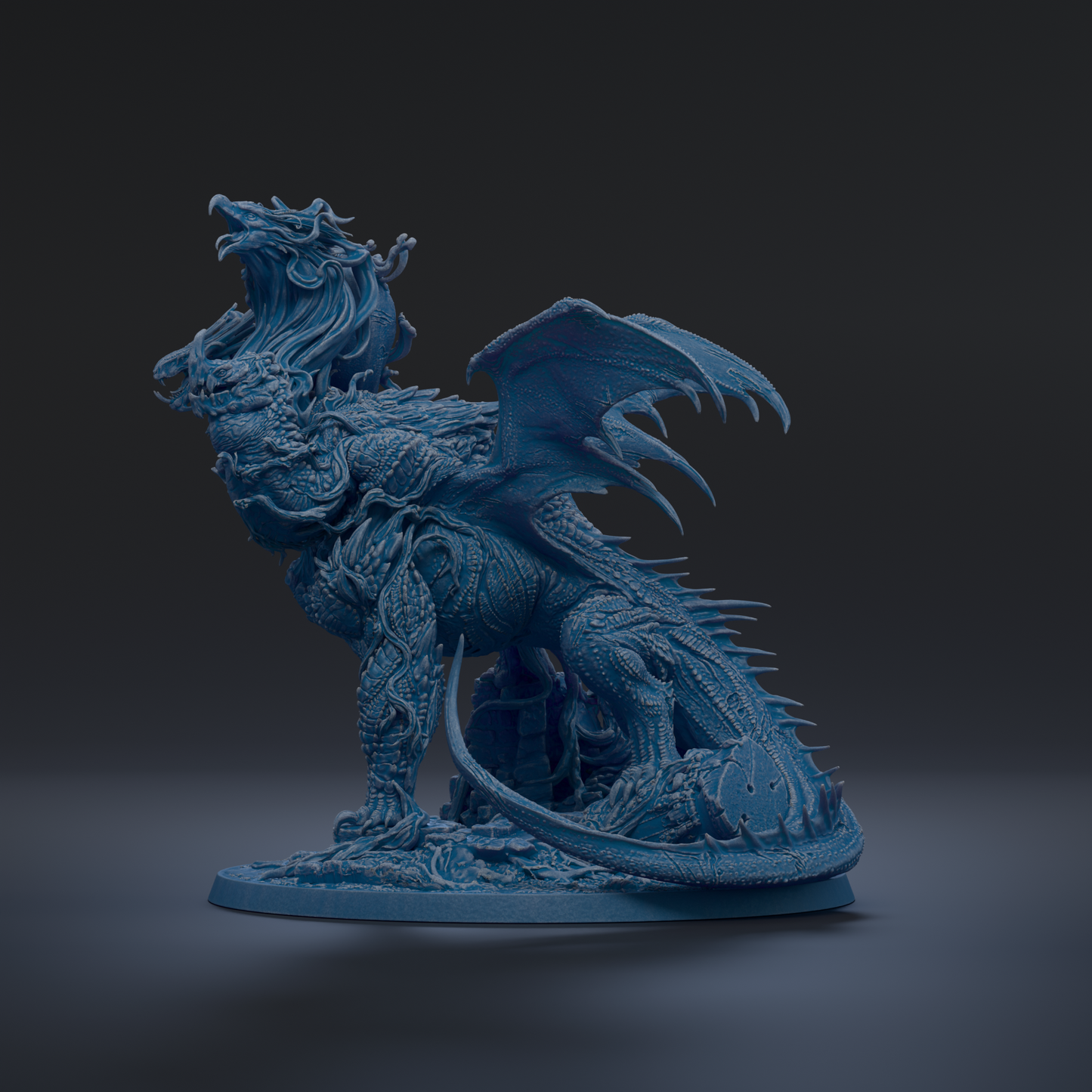 A detailed 3D rendering of a blue dragon statue with intricate patterns and textures, standing on a base.